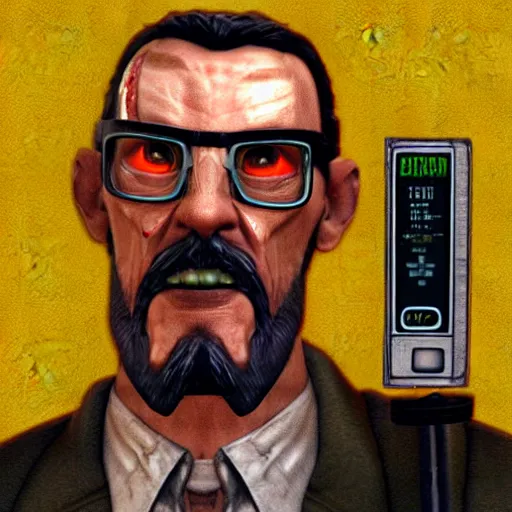 Prompt: Gordon Freeman destroys the microwave, photorealistic