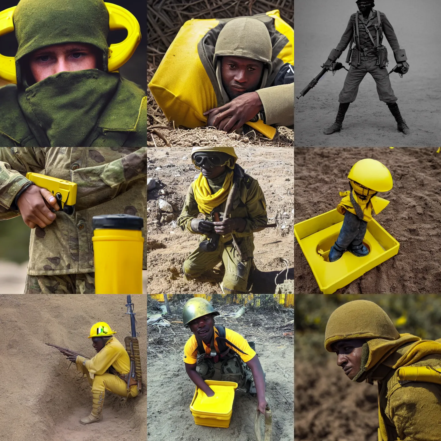 Prompt: a burrowing soldier in yellow equipment