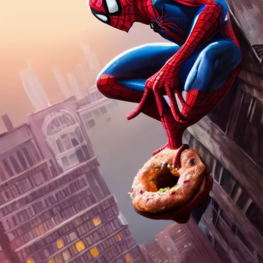 Image similar to spider - man sit on the raccoon and eating donuts, concept art, trending on artstation, highly detailed, intricate, sharp focus, digital art, 8 k