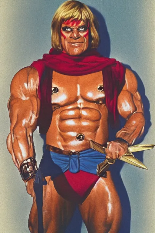 Prompt: he - man, portrait, full body, symmetrical features, color photo, 1 9 8 5 photograph, kodachrome, aged paper, sergio leone, master prime lenses, cinematic