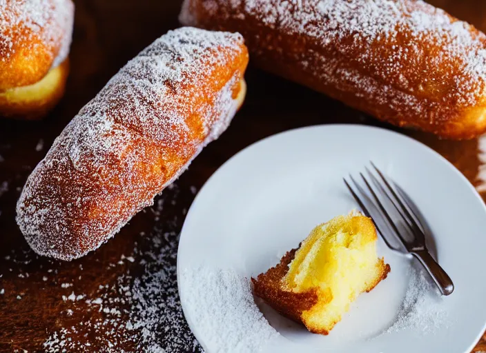 Image similar to dslr food photograph of deep fried twinkie cut in half, 8 5 mm f 1. 8