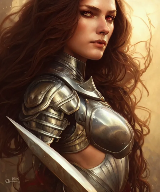 Prompt: Muscular and powerful medieval knight woman portrait, sci-fi, amber eyes, face, long hair, fantasy, intricate, elegant, highly detailed, digital painting, artstation, concept art, smooth, sharp focus, illustration, art by artgerm and greg rutkowski and alphonse mucha