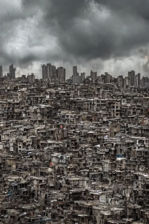 Prompt: cinematic frame of weathered high rise slums made of silver and gold glistening and dramatic clouds in the background