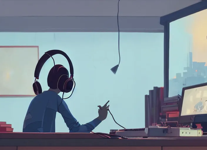 Image similar to man with headphones at his home studio producing music late at night, very detailed, 4 k, cory loftis, james gilleard, atey ghailan, makoto shinkai, goro fujita, studio ghibli, rim light, exquisite lighting, clear focus, very coherent