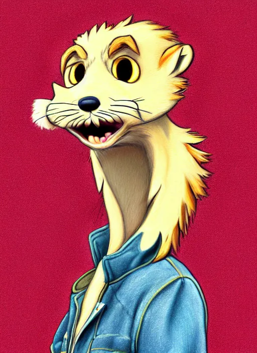 Image similar to expressive stylized master furry artist digital colored pencil painting full body portrait character study of the otter ( sergal ) small head fursona animal person wearing clothes jacket and jeans by master furry artist blotch, sharp focus vintage disney animation style