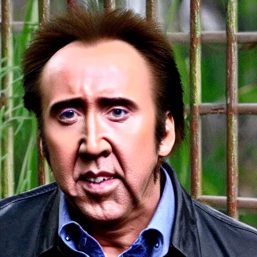 Prompt: nicolas cage trapped in a zoo cage