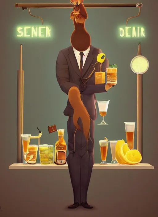 Prompt: squirrel anthro as a dapper bartender with a big, fluffy tail, retro futurism, art deco, detailed painterly digital art style by WLOP and Cory Loftis, 🐿🍸🍋, furaffinity, trending on artstation