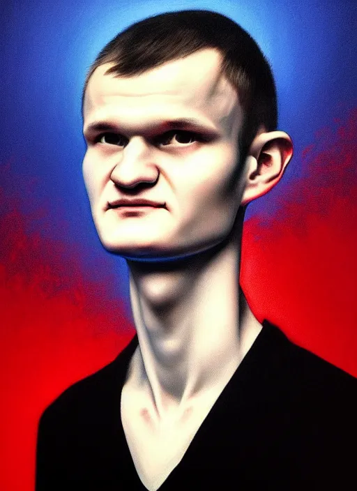 Image similar to vitalik buterin in the style of gottfried helnwein, chiaroscuro intricate composition, blue light by caravaggio, insanely quality, highly detailed, masterpiece, red light, artstation