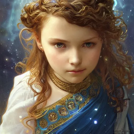Prompt: a little girl with short wavy curly light brown hair and blue eyes, a space empress. beautiful highly detailed face, painting by artgerm and greg rutkowski and alphonse mucha.