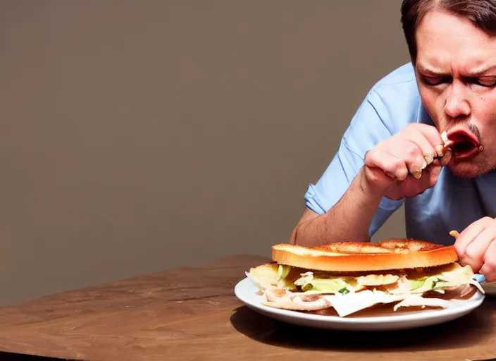 Image similar to Detrans man eating a chicken and bacon sandwich in a studio ghbli style