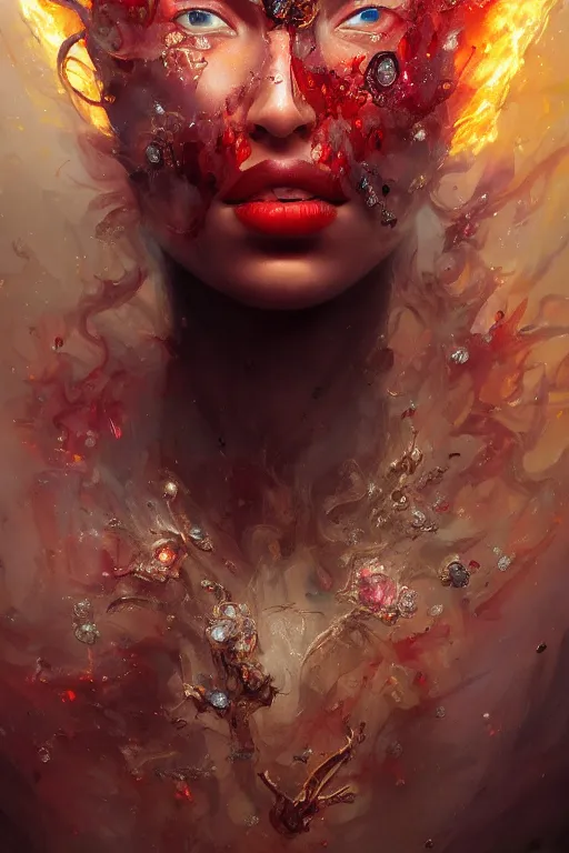 Image similar to beautifulmodel face covered with blood diamonds wearing fire velvet, diamonds, angel, fantasy, dramatic lighting, highly detailed, digital painting, magic the gathering, hyper detailed, 3 d render, hyper realistic detailed portrait, peter mohrbacher, wlop, ruan jia