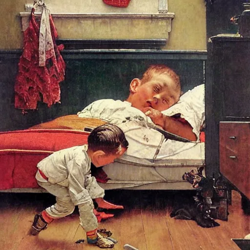 Prompt: A kid hitting pots to wake up his brother , art by Norman Rockwell