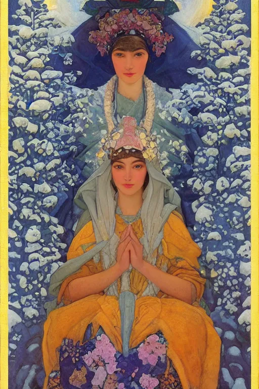 Image similar to queen of flowers in the snow, by Nicholas Roerich and Annie Swynnerton and Diego Rivera and John William Godward, dramatic cinematic lighting , ornate headdress , flowing robes, sacred artifacts, lost civilizations, smooth, sharp focus, extremely detailed