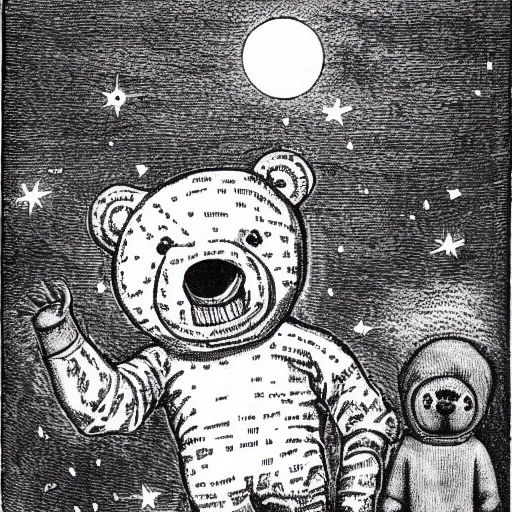 Image similar to found footage of floating teddy bear mask. space opera. b & w grainy. children illustration. art by gustav dore