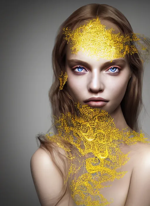 Prompt: a happy nubile young woman with reflections in her eyes and long wavy hair, painted with intricate gold paint pattern, asymmetrical, clear skin, futuristic, elegant, graceful, fashionable, cinematic, hyperdetailed illustration by irakli nadar and alexandre ferra, depth of field, global illumination,