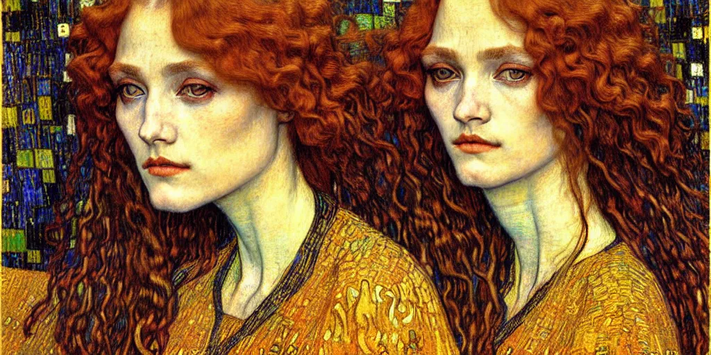 Image similar to detailed realistic beautiful young medieval queen face portrait by jean delville, gustav klimt and vincent van gogh, art nouveau, symbolist, visionary, gothic, pre - raphaelite, muted earthy colors, desaturated