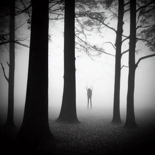 Image similar to deep misty forest with black hairy demon behind the tree, monochrome lomography