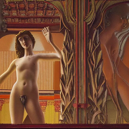 Prompt: close - up of a girl in a temple, film still by wes anderson, depicted by canova, limited color palette, very intricate, art nouveau, highly detailed, lights by hopper, soft pastel colors, minimalist