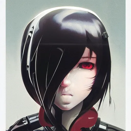 Image similar to A cyborg girl with big and cute red eyes, fine-face, realistic shaded perfect face, fine details. red, black and white robotic parts. Very very anime. Realistic shaded lighting poster by Ilya Kuvshinov katsuhiro otomo ghost-in-the-shell, magali villeneuve, artgerm, Jeremy Lipkin and Michael Garmash, Rob Rey and Kentarõ Miura style, trending on art station