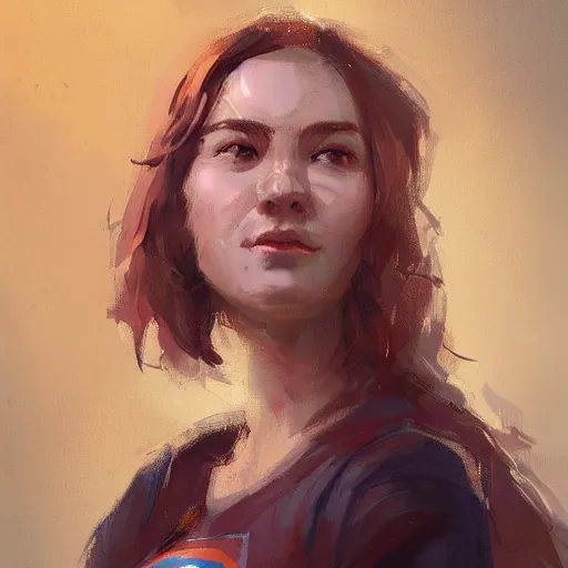 Image similar to portrait of a super friendly woman by greg rutkowski, he is about 2 9 years old, english, auburn slightly red shoulder length hair, brown eyes, cute chubby face, highly detailed portrait, digital painting, artstation, concept art, smooth, sharp foccus ilustration, artstation hq