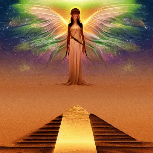 Image similar to elven angel meditating in desert, pyramids, light shafts, wisps, sandstorm, light diffusion, godly, ascending, by moebius, digital art, beautiful, sacred, holy, surreal, fantasy art, oasis, by durer, durer, fairies, surreal alien kingdom, ancient civilization