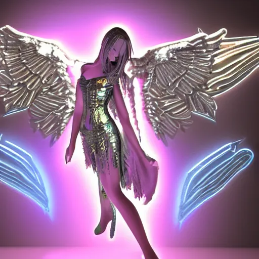 Image similar to gorgeous gothic angel in a neon city, masterpiece render, extremely detailed