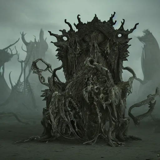 Image similar to monster graveyard chair, portrait of daemons, beings of astonishing structure, high detail, cinematic, cgsociety 8k