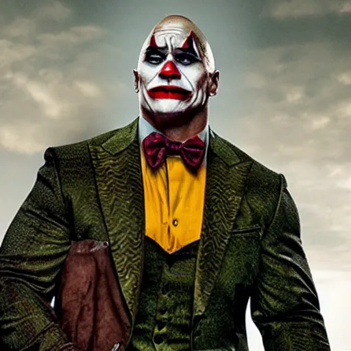 Image similar to dwayne johnson as the joker, movie still