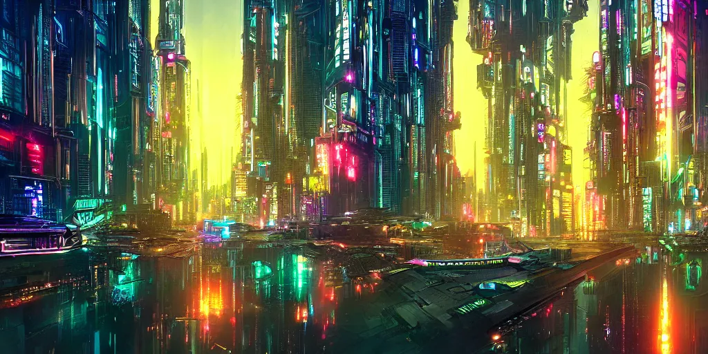 Prompt: a digital painting of a cyberpunk city at night surrounded by a glistening lake by stephan martiniere, cgsociety, utopian art, art deco, saturated, hyper colorful