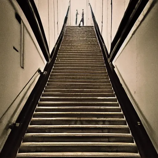 Image similar to looking down upon a man who walks down a staircase, perspective, by sergey belik