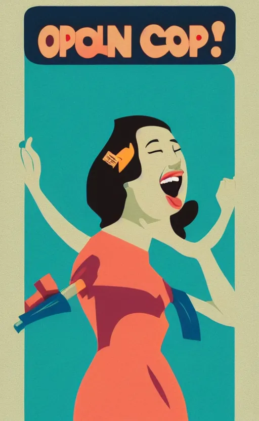 Image similar to illustration with a woman laughing out loud with open mouth, standup, comedy, joke, an art deco painting by tom whalen, trending on behance, art deco, digital illustration, storybook illustration, grainy texture, flat shading, vector art, airbrush, pastel, watercolor, poster