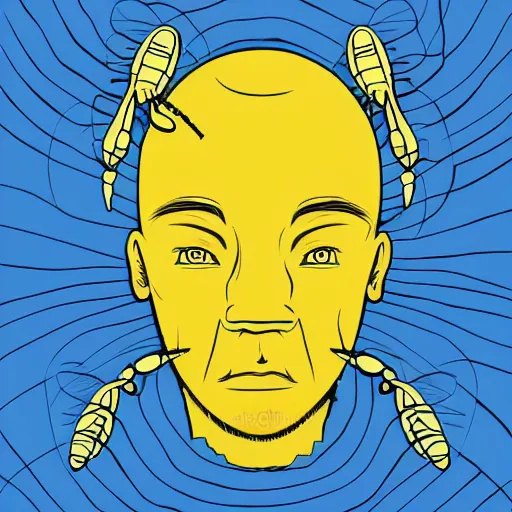 Image similar to human man that resembles a wasp morh in surreal sketch style, blue and yellow gradient, noise, ultrafine detail, hd 8k, logo illustration