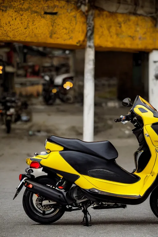 Image similar to photo of suzuki hayate ss with black and yellow paintjob, vietnam traffic background, golden hour, 5 6 0 ccm, race style, custom scooter, dslr, 8 5 mm, f / 1. 3