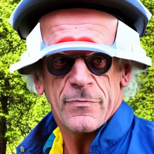 Image similar to a man who looks like christopher lloyd as doc brown back to the future, wearing a construction hat - h 7 6 8