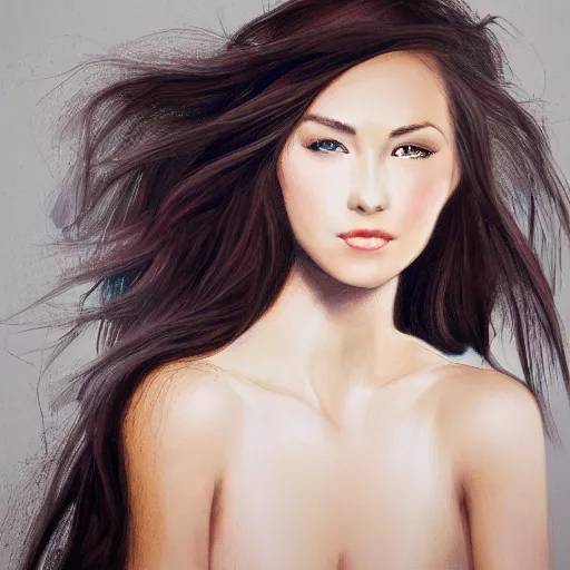 Prompt: A portrait of a beautiful woman, with a gentle expression and flowing hair, photorealistic.