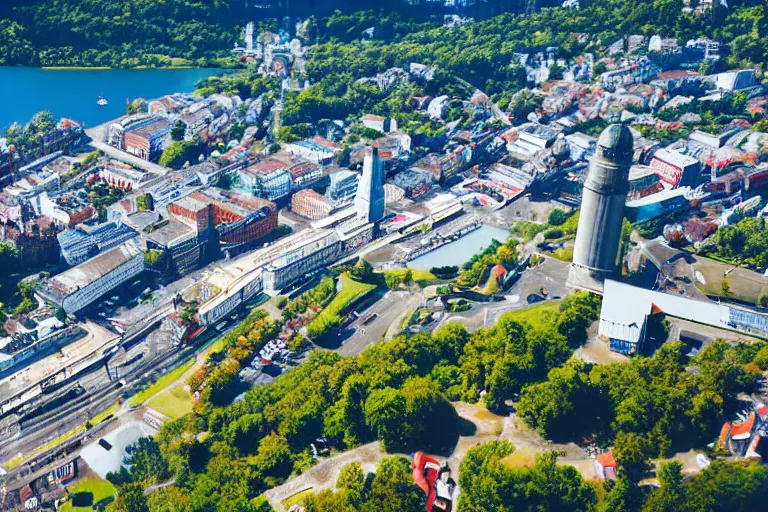 Image similar to bird's eye view photography of a small city. town hall, central farm, monorail station, beach and shipping dock. hills, woods and lake to the north.