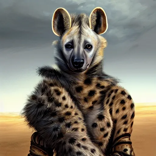 Prompt: portrait of a female hyena woman, furry pelt, long ears, black ponytail, steel armor, in a desert, strong, fierce, fantasy, intricate, elegant, highly detailed, digital painting, artstation, concept art, character art, smooth, sharp focus, illustration, art by steve argyle and tyler jacobson and peter mohrbacher