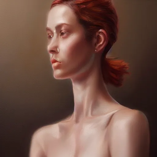 Prompt: a beautiful woman, anatomy, aesthetic, oil painting, pale colors, high detail, 8 k, wide angle, octane render, trending on artstation,