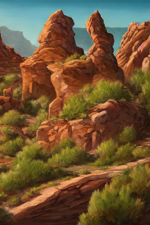 Image similar to beautiful utah desert, rock arcs, lush vegetation, landscape, alex ross, eddie mendoza, raphael lacoste, sebastian ludke, concept art, matte painting, highly detailed, rule of thirds, dynamic lighting, cinematic, detailed, magnificiant landscape, denoised, centerd