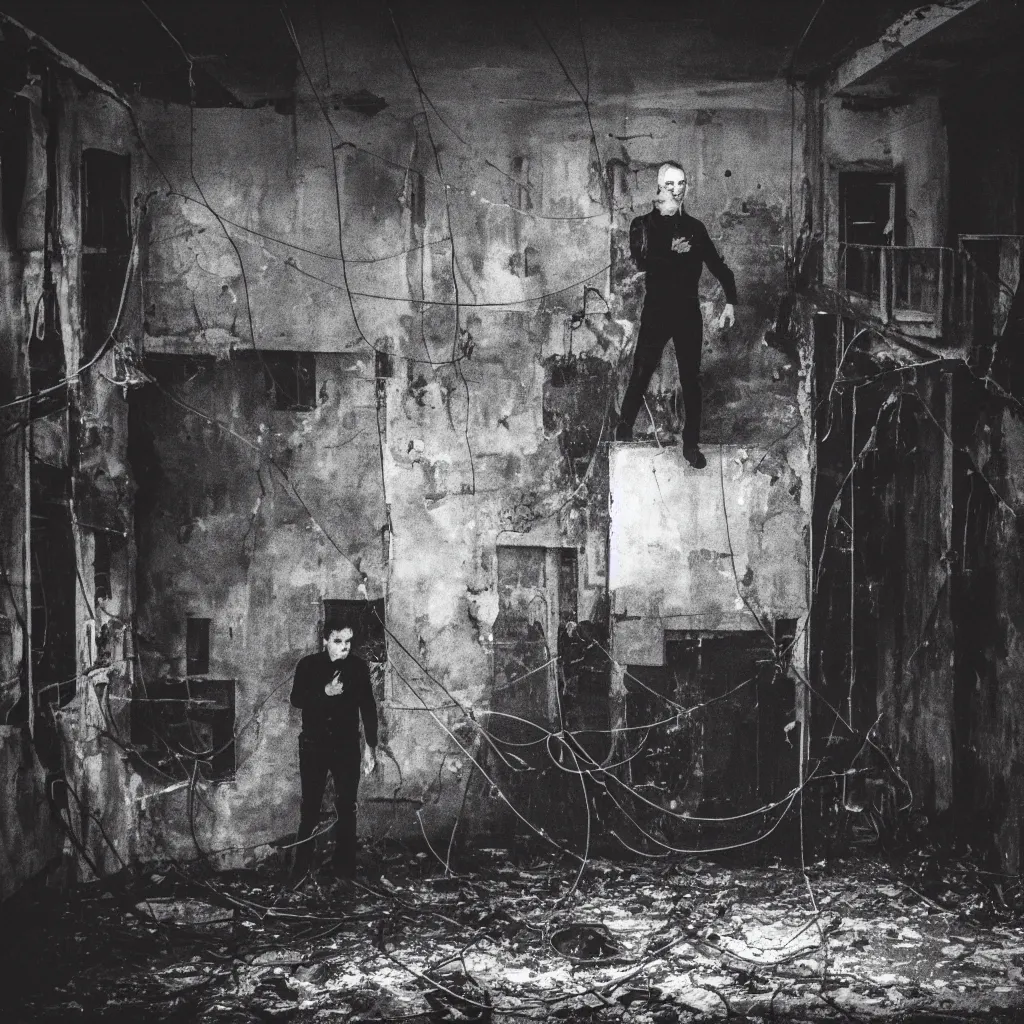 Prompt: a man in black in leather, watching a black hole forming in the grimy grungy basement of an abandoned apartment block, wires, cables, grainy black and white photography