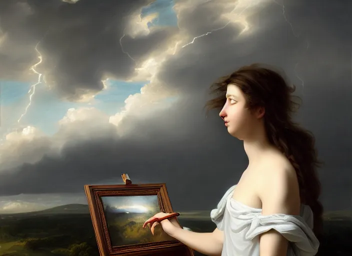 Prompt: brown haired girl at an easel painting on canvas distant storm clouds from a hillside, clear blue sky, digital art, by antonio canova, angelica kauffman ben weiner, yoshitaka amano, wlop, highly detailed, realistic, cinematic, bold colours, dark sky, photorealism, 4 k, wide angle lens, artstation, artgerm