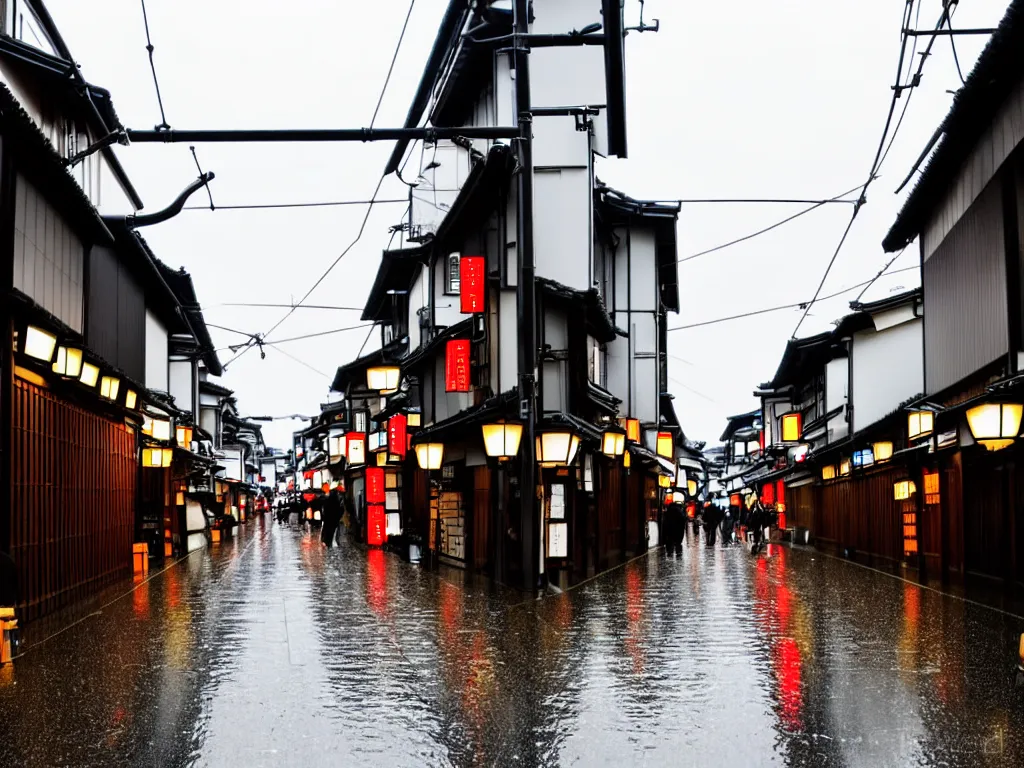 Prompt: rainy Kyoto downtown city street