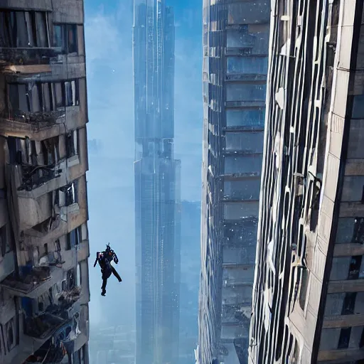 Prompt: A straight down vertical photograph of a man climbing a building, cybernetic sci-fi, Vadim Makhorov and Vitaliy Raskalov, by greg rutkowski, wide-angle lens
