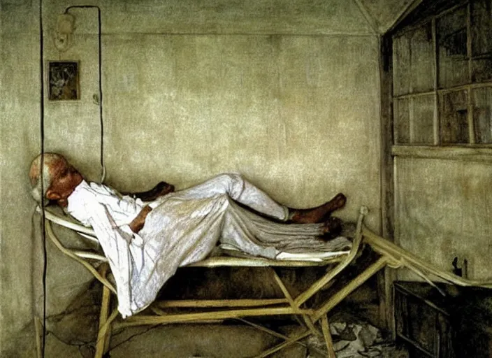 Image similar to poor child in a coma in a dirty makeshift hospital, painting by andrew wyeth and alan lee, very detailed, somber mood,