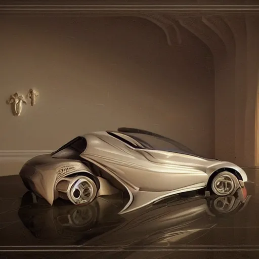 Prompt: sci fi car f1 hatchback transport design organic smooth elastic forms 30% of canvas; wall structure on the coronation of napoleon painting 20% of canvas; by Jacques-Louis David, pinterest keyshot product render, cloudy plastic ceramic material shiny gloss water reflections, ultra high detail ultra realism, 4k