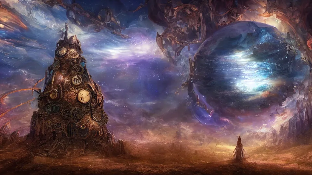 Prompt: whatever, fantasy artwork, very very very beautiful scenery, the sky is made up of cosmic stars, there are hourglasses and gears and clocks in the sky, hd, hdr, ue 5, ue 6, unreal engine 5, cinematic 4 k wallpaper, 8 k, ultra detailed, high resolution, artstation, award winning
