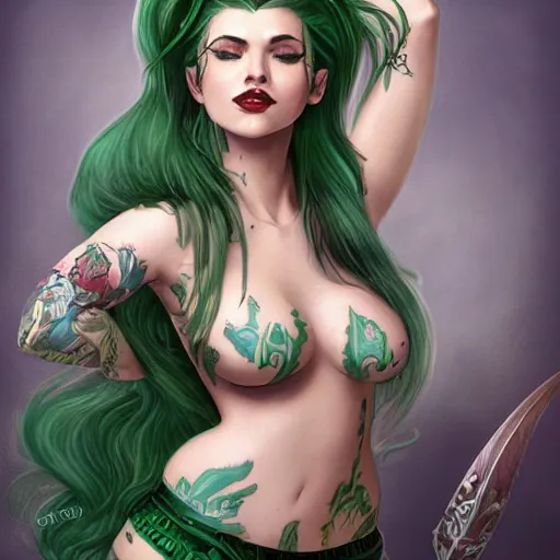 Image similar to green hair tattooed pinup hannah murray, rogue bard, feathers, baldurs gate, diablo, dnd, deep focus, turnaround, fantasy, intricate, elegant, highly detailed, digital painting, artstation, concept art, matte, sharp focus, illustration, hearthstone, art by artgerm and greg rutkowski and alphonse mucha.