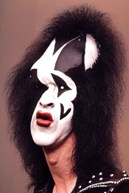 Image similar to portrait of lost member of rock band Kiss, 1975, 35mm lens, grainy