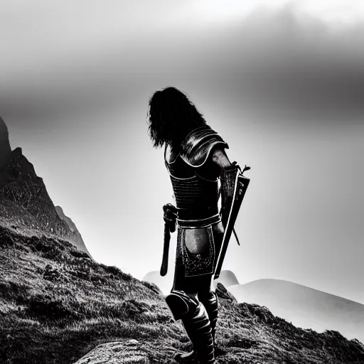 Prompt: a long shot, high quality dslr photo of a tall and muscular man with long black hair in authentic 1 4 th - century armor standing holding a claymore sword. tough and stoic looking. dramatic and cinematic lighting. golden hour. foggy and atmospheric. ben nevis the scottish mountain is in the background. epic and heroic tone. editorial award winning photograph.