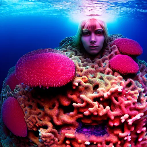 Image similar to psychedelic organic cyborg submerged in ocean coral reef, realism, extreme detail, real life, key art, soft light, volumetric light, photo by albert aublet